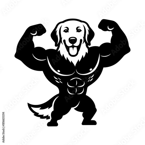 Golden retriever dog flexing muscular physique strong gym workout mascot silhouette vector illustration