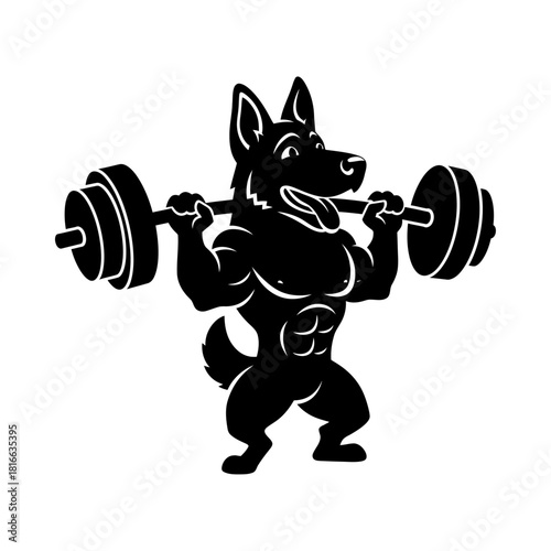 Muscular german shepherd lifting barbell silhouette vector gym fitness power mascot design