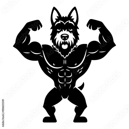 Strong muscular terrier dog flexing powerful arms in bold black silhouette vector gym artwork