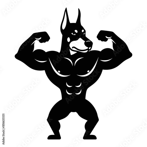 Athletic muscular doberman dog flexing powerful arms in bold black silhouette vector gym design