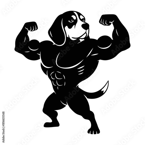 Muscular beagle dog flexing arms in dynamic bold black silhouette vector bodybuilding artwork
