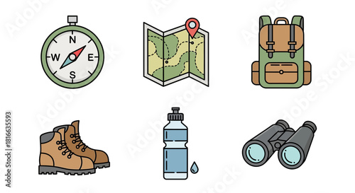 Plan your adventure with this collection of hiking icons featuring compass, map, backpack, boots, water bottle, and binoculars for outdoor explorations