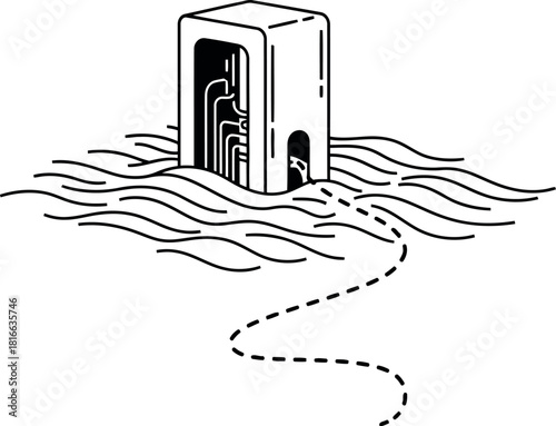 Abstract architectural structure emerges from swirling water with a dotted line path