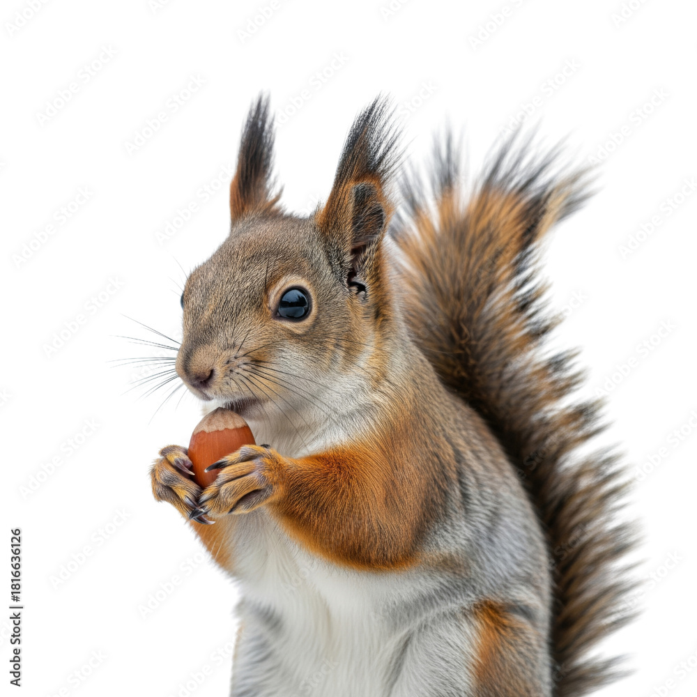 Obraz premium Red squirrel with nut on white background