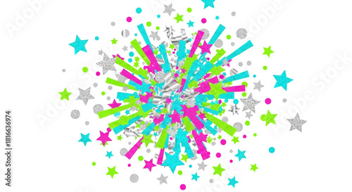 Vibrant celebration explosion with turquoise, lime, and fuchsia stars and confetti, perfect for party invitations and festive designs, originally vector graphics