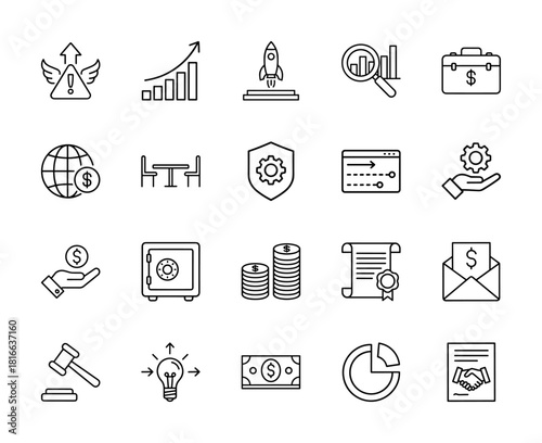 Business and finance line icon set. Vector pictograms of growth, startup, analysis, global, security, investment, agreement, and ideas, thin linear illustration.