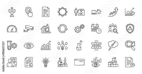 Business and technology line icon set. Vector pictograms of trophy, gear, document, chart, calendar, shield, lightbulb, microscope, and people, thin linear illustration.
