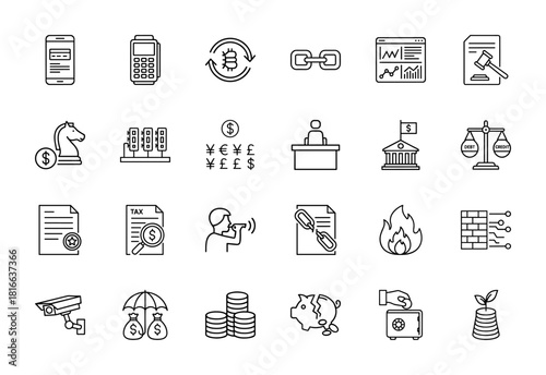 Financial technology line icon set. Vector pictograms of mobile payments, blockchain, data analytics, legal documents, digital security, investment, thin linear illustration.
