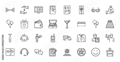 Business, service, and event line icon set. Vector pictograms of money, desktop, mobile, gift, wallet, cake, waiter, food truck, and headphones, thin linear illustration.