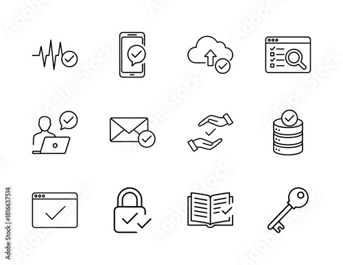 Digital security and verification line icon set. Vector pictograms of heartbeat, smartphone, cloud, browser, user, email, hands, database, padlock, book, and key, thin linear illustration.