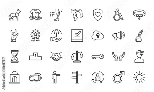 Modern universal line icon set. Vector pictograms of assistance dog, wheelchair, virtual reality headset, shield, handshake, umbrella, podium, brain, sun, thin linear illustration.