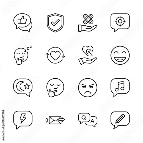 Universal interface line icon set. Vector pictograms of feedback, security, care, goals, emotions, communication, and editing symbols, thin linear illustration.
