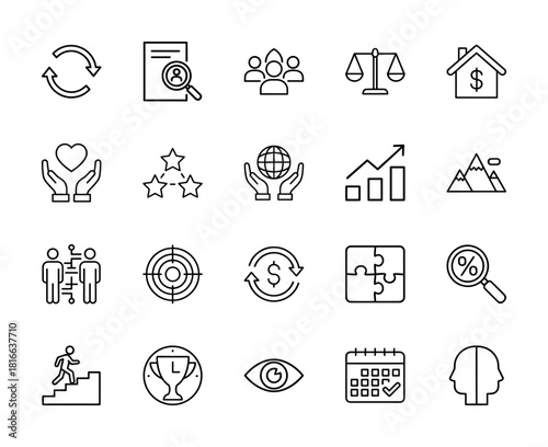Business and management line icon set. Vector pictograms of refresh, document search, team, scales, finance, care, puzzle, percent, progress, and calendar, thin linear illustration.