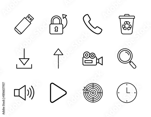 User interface line icon set. Vector pictograms of USB drive, padlock, phone, recycle bin, speaker, play button, target, and clock, thin linear illustration.