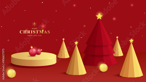3D Golden podium with minimal christmas trees, golden ornaments and festive lights on red background. Perfect for holiday product display or advertising