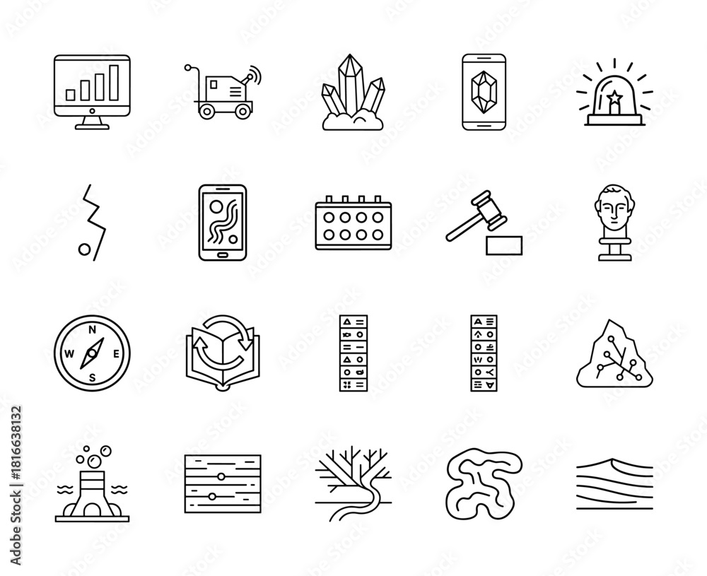 Fototapeta premium Science and discovery line icon set. Vector pictograms of monitor, drone, crystals, smartphone, gavel, compass, volcano, and brain, thin linear illustration.