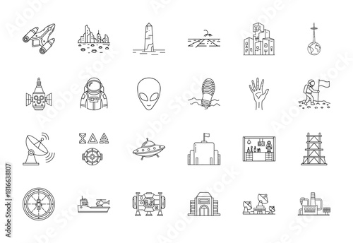 Space exploration line icon set. Vector pictograms of spacecraft, alien, astronaut, satellite, radar, lunar lander, UFO, and futuristic city, thin linear illustration.
