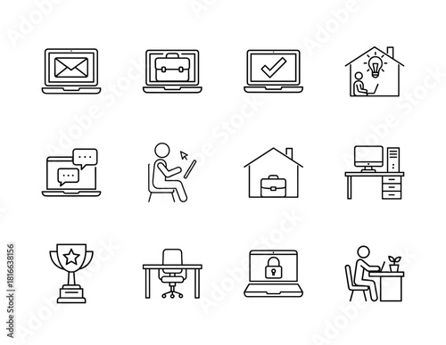 Remote work line icon set. Vector pictograms of laptops, home office setup, working people, desktop computer, communication, security, and achievement, thin linear illustration.