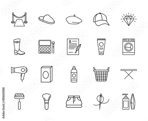 Everyday lifestyle line icon set. Vector pictograms of a red carpet, slippers, beret, diamond, makeup, washing machine, hair dryer, and a needle, thin linear illustration.