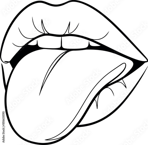 Bold black and white line art illustration of lips with tongue sticking out