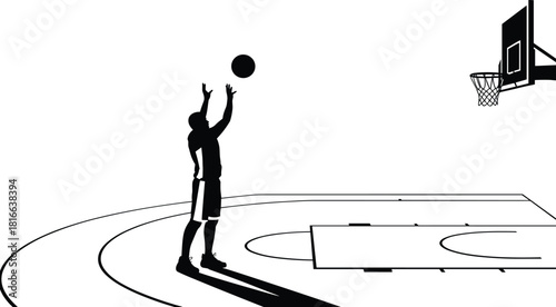 Black silhouette of a basketball player shooting a ball on a court vector