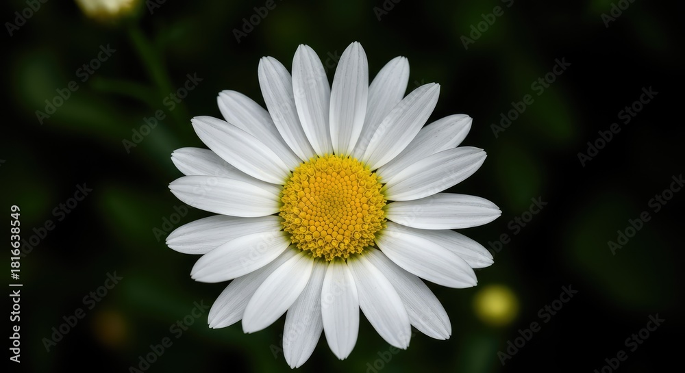 Fototapeta premium Close up image of a bright white daisy flower with a vibrant yellow center, symbolizing innocence and springtime freshness in a garden setting ,symbol ,vibrant ,beauty