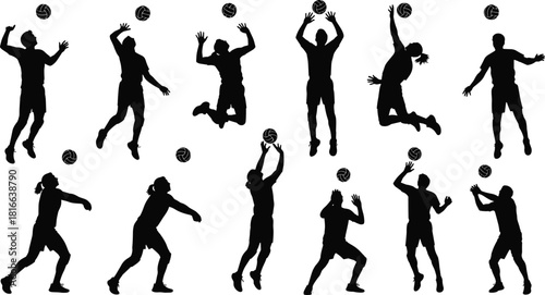 Comprehensive black basketball player silhouettes set collection engaging in court actions like dribbling, passing,