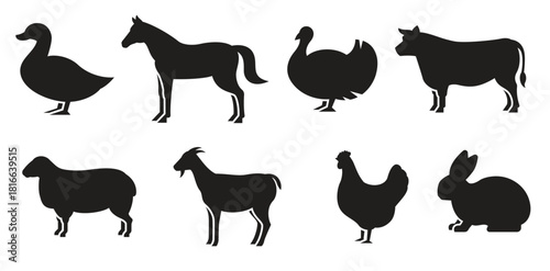  farm animals silhouettes icons set black on a white background