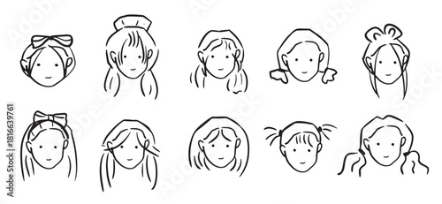 fashionable girl hairstyles in minimalist doodle style