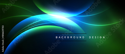 Abstract waves, vibrant blues, greens radiate from bright center. Dark background emphasizes flowing lines, modern design elements.