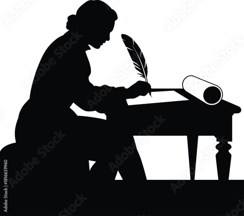 Silhouette of a woman writing with a quill pen at a desk vector