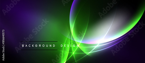 Abstract vibrant design features flowing lines, gradients. Purple, green hues dominate dark background. Text reads background design.