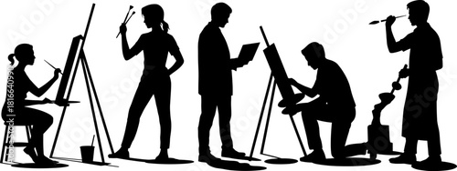 Silhouettes of artists painting and drawing on easels vector