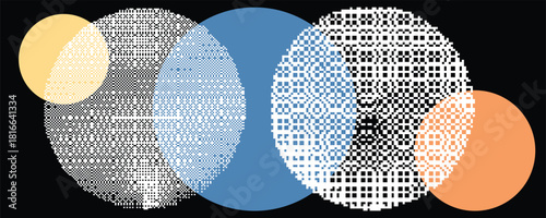 Retro dither circle composition for video. Vintage bitmap texture. Bit gradient circles for graphic layouts . Pixel gradients effect. 