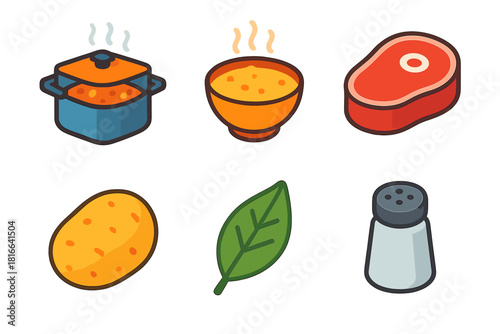 Colorful Meal Icons. Hearty Meals flat icons set. stew pot, bowl with steam, meat chunk, potato, bay leaf, pepper shaker