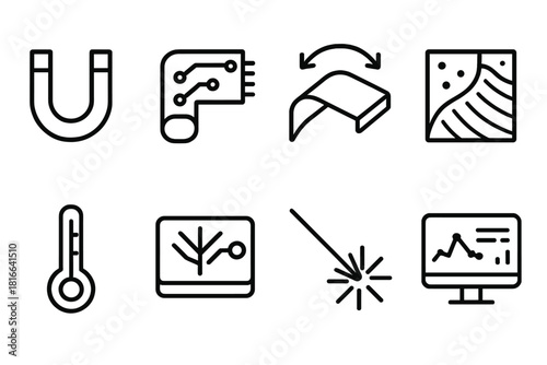Smart Materials Icons. Smart Materials linear icon set. magnetic field, flexible circuit, shape-memory metal, color-changing surface, temperature sensor, lab chip, laser beam, data