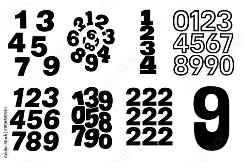 Bold Number Icons. Number motifs silhouette icon set: floating digits, spiral digits, stacked digits, hollow digits, curved digits, abstract digit cluster, repeated pattern digit