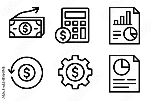 Financial KPI Icons. Financial KPIs linear icon set. cash flow, expense ratio, net income, return on investment, cost efficiency, revenue breakdown.