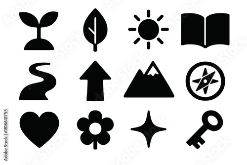 Personal Growth Icons. Personal Growth silhouette icon set. seed sprout, leaf, sun, open book, path, arrow, mountain, compass, heart, flower, sparkle, key.
