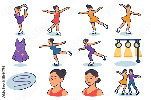 Elegant Skating Icons. Figure Skating Practice flat icons set. elegant spin, outstretched arms, graceful turn, sparkling costume, smooth glide, rink lights, artistic motion