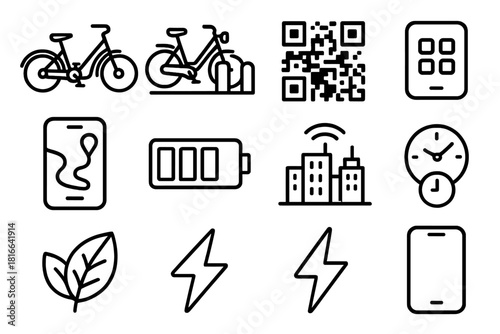 Smart Mobility Icons. Smart mobility system linear icon set. e-bike, docking hub, QR scanner, app icon, route display, battery pack, city skyline, data signal, timer, eco leaf