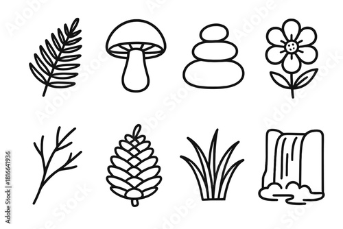 Nature Icon Illustrations. Earth & Nature linear icon set: fern leaf, mushroom, pebble stack, flower bloom, branch, pine cone, grassy tuft, waterfall