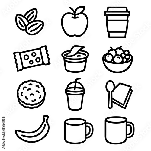 Office Snack Icons. Office snacks linear icon set. nuts, apple, coffee cup, granola bar, yogurt, fruit bowl, rice cake, smoothie, spoon, napkin, banana, mug