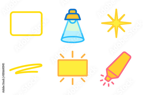 Minimal Icon Highlights. Visual Highlight flat icon set: glowing frame, spotlight beam, star burst, bright underline, emphasis box, radiant marker