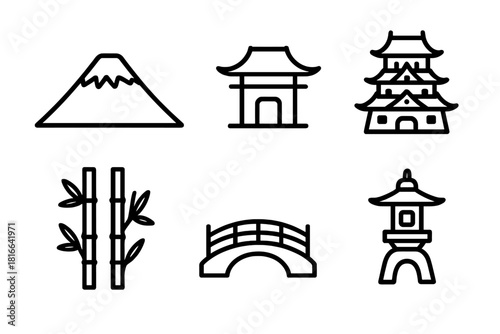 Japanese Icons Outline. Japan Landmarks Set linear icon set: mount silhouette, temple roof, castle tower, bamboo grove, garden bridge, stone lantern