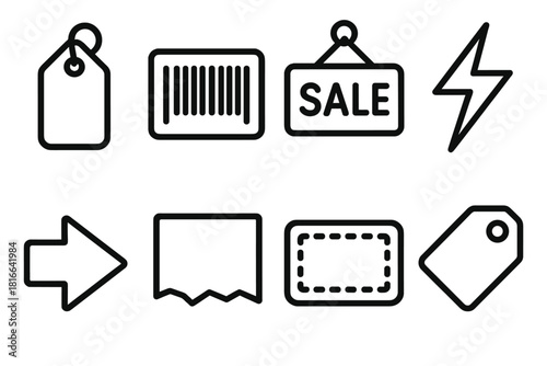 Clearance Sign Icons. Clearance Sign Icons linear icon set. hanging tag, barcode, “SALE” text, lightning bolt, arrow pointer, torn edge, coupon card, product tag