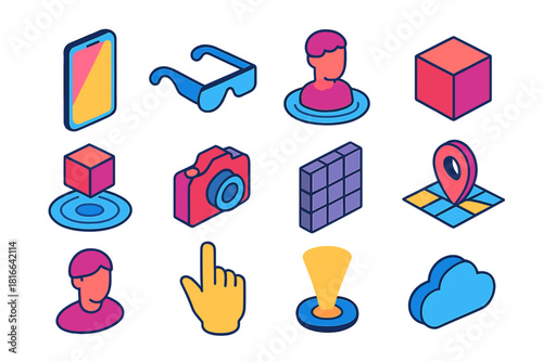 Augmented Reality Icons. Augmented Reality Lifestyle flat icons set. smartphone, AR glasses, hologram, cube, virtual object, camera, 3D grid, map pin, avatar, gesture hand, light
