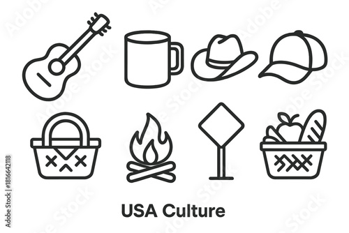 American Icon Outline. USA Culture linear icon set: acoustic guitar, diner mug, cowboy hat, baseball cap, picnic basket, campfire, road sign, food basket