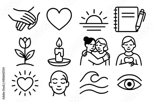Icons of Emotional Healing. Emotional Healing from Sadness linear icon set: comforting hand, open heart, hopeful sunrise, journal and pen, flower blooming again, candle relit