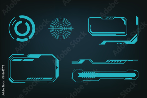 Virtual reality HUD interface bundle with dynamic sci-fi dashboard screens and high-tech display components.